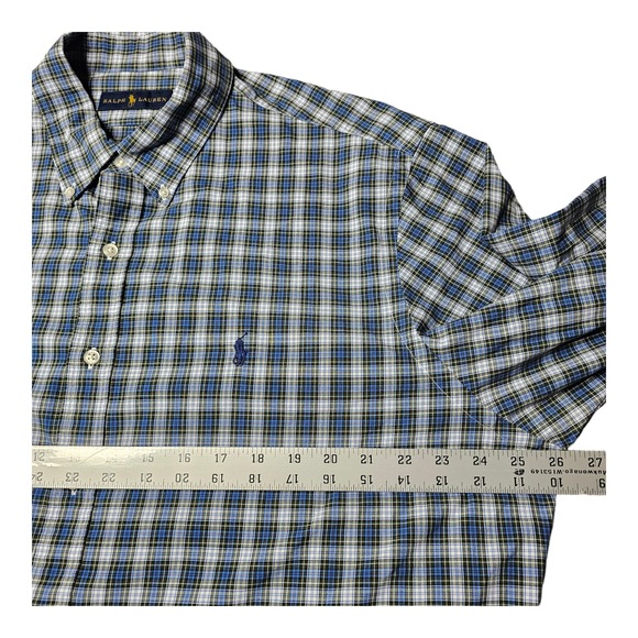 Ralph Lauren Men's 17.5 44 Blue Green Plaid Button Down Shirt Classic Fit Logo - Picture 5 of 9